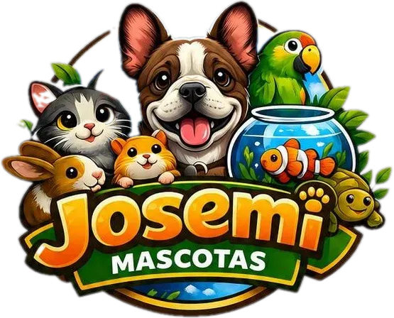 Logo de Josemi Mascotas: un perro, un gato, un loro, un conejo, un hámster, un pez payaso y una tortuga sobre el nombre de la tienda