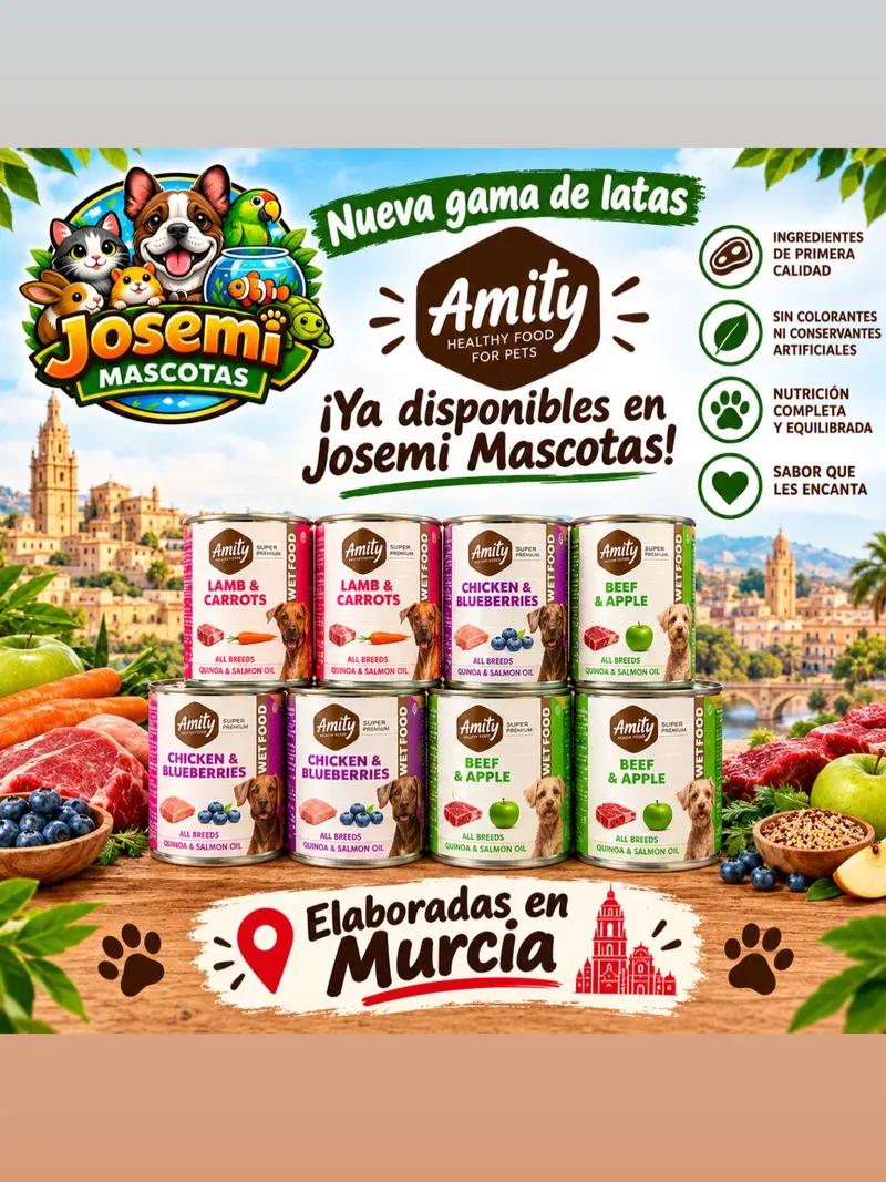 Cartel de las latas de comida húmeda Amity, elaboradas en Murcia